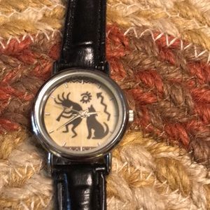 Montres Carlo black leather watch with wolf and dancer. New battery